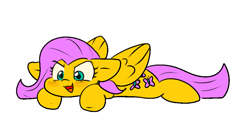 Size: 965x513 | Tagged: safe, artist:zutcha, fluttershy, pegasus, pony, g4, blushing, cute, flat fluttershy friday, flat fuck friday, floppy ears, lying down, open mouth, open smile, prone, shyabetes, simple background, smiling, solo, sploot, white background