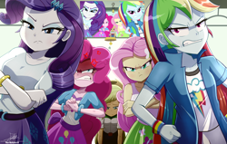 Size: 3034x1934 | Tagged: safe, artist:the-butch-x, applejack, fluttershy, pinkie pie, rainbow dash, human, equestria girls, g4, angry, applejack's hat, clothes, cowboy hat, crossed arms, eyeshadow, female, gritted teeth, hat, makeup, scene interpretation, screencap reference, shirt, skirt, teeth