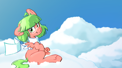 Size: 1920x1080 | Tagged: safe, artist:wasabee, oc, oc only, oc:wasabi, pegasus, pony, cloud, on a cloud, sitting, sitting on a cloud, solo