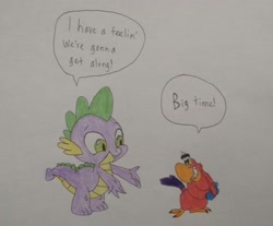 Size: 2558x2113 | Tagged: safe, anonymous artist, derpibooru exclusive, spike, dragon, g4, 2025, aladdin, awesome, crossover, duo, duo male, gilbert gottfried, great, iago, male, simple background, smiling, speech bubble, traditional art, tribute, white background