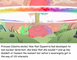 Size: 2076x1624 | Tagged: safe, screencap, g4, lesson zero, my little pony: friendship is magic, atomic rainboom, explosion, implied princess celestia, implied tyrant celestia, no pony, nuclear explosion, nuclear weapon, ponestrip, sonic rainboom, weapon