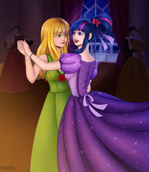 Size: 2000x2300 | Tagged: safe, artist:erein, applejack, twilight sparkle, human, g4, ballroom, blonde hair, clothes, dancing, dress, duo, eyelashes, female, green eyes, high res, humanized, indoors, jewelry, lesbian, multicolored hair, purple eyes, ship:twijack, shipping, smiling