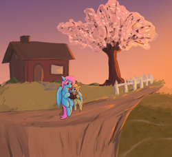 Size: 3510x3203 | Tagged: safe, artist:sleepyhoers, oc, oc only, oc:atom, oc:lemming, pegasus, pony, book, cherry blossoms, cliff, fence, flower, flower blossom, grass, house, hug, male, reading, sitting, stallion, winghug, wings