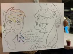 Size: 2048x1536 | Tagged: safe, artist:andy price, applejack, rainbow dash, earth pony, pegasus, pony, g4, applejack's hat, cowboy hat, female, hat, mare, speech bubble, traditional art