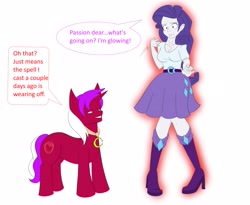 Size: 3591x2951 | Tagged: safe, artist:tfsubmissions, part of a set, rarity, oc, oc:burning passion, human, pony, unicorn, equestria girls, g4, canon x oc, dialogue, female, high res, horn, human to pony, magic, male, shipping, simple background, speech bubble, stallion, straight, transformation, transformation sequence, white background