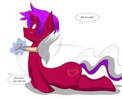 Size: 4762x3858 | Tagged: safe, artist:tfsubmissions, part of a set, oc, oc:burning passion, pony, unicorn, absurd resolution, canon x oc, dialogue, dragging, horn, human to pony, imminent sex, implied rarity, magic, male, offscreen character, shipping, simple background, speech bubble, stallion, telekinesis, transformation, transformation sequence, white background