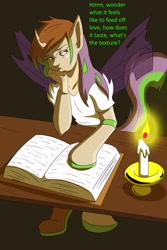 Size: 2000x3000 | Tagged: safe, artist:tfsubmissions, oc, oc only, oc:cyanide sting, changeling, human, book, candle, dialogue, glasses, high res, human to changeling, sitting, solo, table, thinking, transformation