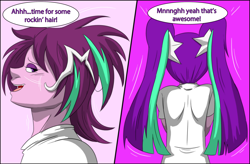 Size: 2590x1700 | Tagged: safe, artist:tfsubmissions, part of a set, aria blaze, human, equestria girls, g4, hair, high res, solo, speech bubble, transformation, transformation sequence, transgender transformation