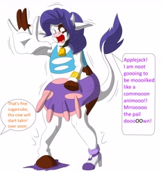 Size: 5000x5388 | Tagged: safe, artist:tfsubmissions, rarity, cow, equestria girls, g4, absurd resolution, armpits, bell, clothes, cowbell, cowified, dialogue, implied applejack, offscreen character, raricow, ripping clothes, scared, simple background, species swap, speech bubble, speech change, transformation, udder, unwilling transformation, white background