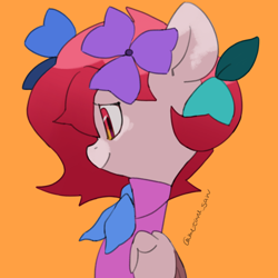 Size: 4096x4096 | Tagged: safe, artist:metaruscarlet, oc, oc only, oc:metaru scarlet, pegasus, pony, clothes, flower, flower in hair, folded wings, leaves, leaves in hair, looking at something, pegasus oc, simple background, solo, spotted, wings, yellow background