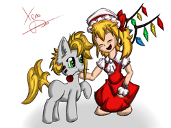 Size: 800x600 | Tagged: safe, artist:xeno1805, oc, oc:xeno pony, humanoid, undead, vampire, crossover, duo, female, flandre scarlet, flower, male, petting, rose, simple background, stallion, touhou, white background