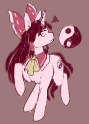 Size: 436x608 | Tagged: safe, artist:zzzzleepyuwu, pony, unicorn, bow, female, grumpy, hakurei reimu, horn, mare, miko, ponified, touhou, unamused, yin-yang