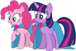 Size: 750x505 | Tagged: safe, artist:zslnews, pinkie pie, twilight sparkle, alicorn, earth pony, pony, g4, cape, clothes, cute, diapinkes, duo, duo female, female, looking down, open mouth, twiabetes, twilight sparkle (alicorn), vector