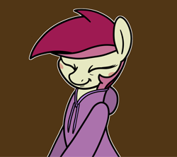 Size: 2048x1815 | Tagged: safe, artist:ewoudcponies, roseluck, pony, unicorn, g4, blush sticker, blushing, brown background, bust, clothes, eyes closed, female, hoodie, horn, mare, outline, simple background, smiling, solo, white outline