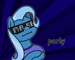 Size: 2048x1644 | Tagged: safe, artist:ewoudcponies, trixie, pony, unicorn, g4, :i, bust, clothes, crossed hooves, female, horn, mare, missing horn, outline, shirt, solo, sunburst background, sunglasses, text, white outline