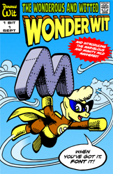 Size: 550x850 | Tagged: safe, artist:mod wit, oc, oc:bananas wit, askbananaswit, boots, cape, carrying, clothes, cloud, comic book, comic book cover, comic cover, cover, cover art, flying, font, gloves, heavy, hero, hoof hold, looking at you, m, mask, seal of approval, shoes, sky, speech bubble, steel, super strength, superhero, superhero costume