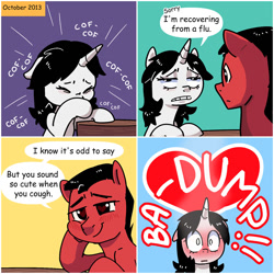 Size: 900x900 | Tagged: safe, artist:talimingi, oc, oc:talim, earth pony, pony, unicorn, blush lines, blushing, blushing profusely, comic, coughing, covering mouth, dialogue, duo, duo male and female, female, floppy ears, gritted teeth, heart, heart eyes, heartbeat, hoof on chin, horn, lidded eyes, male, mare, oc x oc, onomatopoeia, ponysona, shipping, sick, speech bubble, stallion, straight, teeth, wingding eyes