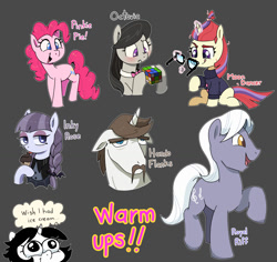 Size: 1486x1400 | Tagged: safe, artist:talimingi, hondo flanks, inky rose, moondancer, octavia melody, pinkie pie, royal riff, oc, oc:talim, earth pony, pegasus, pony, unicorn, g4, blushing, colored pupils, dexterous hooves, female, floppy ears, food, frown, glasses, glasses off, glowing, glowing horn, gray background, hoof hold, horn, ice cream, ice cream cone, levitation, magic, male, mare, name, open mouth, open smile, outline, rubik's cube, simple background, smiling, stallion, standing on two hooves, tape, taped glasses, telekinesis, thought bubble, white outline