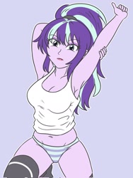 Size: 1540x2048 | Tagged: safe, artist:sumin6301, starlight glimmer, human, equestria girls, g4, belly, belly button, breasts, busty starlight glimmer, cleavage, female, outline, purple background, simple background, solo, stretching, white outline