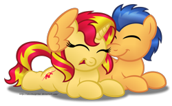 Size: 3047x1872 | Tagged: safe, artist:aleximusprime, flash sentry, sunset shimmer, pegasus, pony, unicorn, g4, commission, duo, female, high res, horn, hug, male, mare, ship:flashimmer, shipping, simple background, stallion, straight, transparent background, winghug, wings