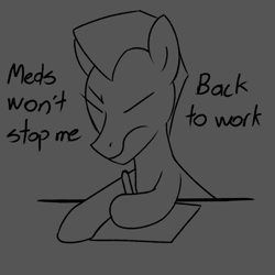 Size: 600x600 | Tagged: safe, artist:unitxxvii, oc, oc only, earth pony, pony, dialogue, eyes closed, frown, furrowed brow, gray background, hoof hold, male, no eyes, ponysona, simple background, solo, stallion