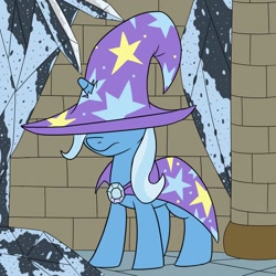 Size: 1000x1000 | Tagged: safe, artist:unitxxvii, trixie, pony, unicorn, g4, covered eyes, female, frown, giant hat, hat, hat over eyes, horn, horn impalement, mare, solo, standing, trixie is not amused, unamused