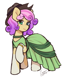 Size: 1781x2086 | Tagged: safe, artist:cottonsweets, oc, oc:quickdraw, blushing, clothes, coat markings, commissioner:dhs, cowboy hat, curly mane, dress, eyeshadow, freckles, frilly dress, hat, hoof ring, lipstick, looking at you, makeup, one leg raised, simple background, smiling, socks (coat markings), standing, transparent background