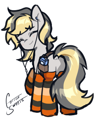 Size: 1645x2119 | Tagged: safe, artist:cottonsweets, oc, oc only, oc:totalspark, unicorn, belt, blushing, clothes, commissioner:dhs, cute, earbuds, eyes closed, horn, looking at you, looking back, looking back at you, music player, one leg raised, shy, simple background, smiling, socks, solo, standing, stockings, striped socks, thigh highs, transparent background