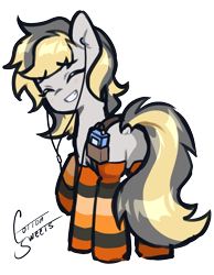 Size: 1645x2119 | Tagged: safe, alternate version, artist:cottonsweets, oc, oc only, oc:totalspark, unicorn, belt, big smile, blushing, clothes, commissioner:dhs, cute, earbuds, eyes closed, horn, looking at you, looking back, looking back at you, music player, one leg raised, shy, simple background, smiling, socks, solo, standing, stockings, striped socks, thigh highs, transparent background