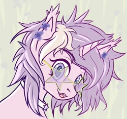 Size: 1006x946 | Tagged: safe, artist:wavegm, oc, oc only, oc:lilac clime, unicorn, eyelashes, flower, flower in hair, glasses, horn, looking at you, open mouth, simple background