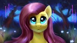 Size: 2560x1440 | Tagged: safe, artist:replacer808, fluttershy, pony, g4, female, forest, looking up, mare, nature, night, solo, song cover, tree