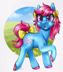 Size: 2648x3059 | Tagged: safe, artist:pastelpalette, bow tie (g1), earth pony, pony, g1, big eyes, blue coat, bow, bowtie, cute, female, hair bow, mare, outdoors, pink hair, raised hoof, retro, retro ponies, solo, tail, tail bow, tieabetes, twin bows