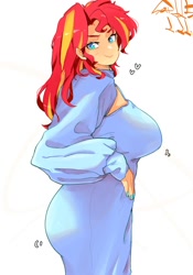 Size: 1400x2000 | Tagged: safe, artist:sozglitch, sunset shimmer, human, g4, ass, big breasts, boob window, breasts, bunset shimmer, busty sunset shimmer, butt, clothes, dress, female, floating heart, heart, huge breasts, humanized, large butt, looking at you, nail polish, profile, simple background, smiling, smiling at you, solo, white background