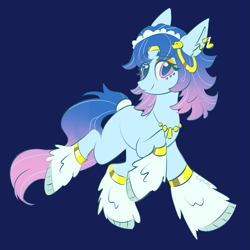 Size: 1943x1943 | Tagged: safe, artist:cupute, odessa evensong, cyborg, cyborg pony, earth pony, pony, g5, my little pony: tell your tale, the petal gala, leak, big ears, blue background, clothes, colored, colored background, cute, facial markings, female, galloping, grin, headpiece, jewelry, leg warmers, looking at you, mare, music notes, necklace, odessabetes, raised hoof, running, simple background, smiling, solo, trotting, trotting in place