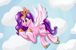 Size: 3000x2000 | Tagged: safe, artist:strawberrywolv, pipp petals, pegasus, g5, accessory, cloud, colored hooves, cutie mark, drop shadow, flying, gold hooves, green eyes, high res, hooves, looking at something, phone, pink coat, pink wings, purple mane, purple tail, sky, solo, tail, wings