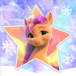 Size: 1000x1000 | Tagged: safe, sunny starscout, alicorn, pony, g5, my little pony: make your mark, official, female, looking at you, mare, profile picture, race swap, smiling, snow, snowflake, solo, stars, sunnycorn, weibo, winter