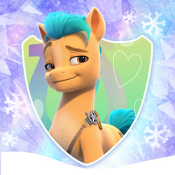 Size: 1000x1000 | Tagged: safe, hitch trailblazer, earth pony, pony, g5, my little pony: make your mark, official, blaze (coat marking), coat markings, facial markings, male, profile picture, shield, smiling, snow, snowflake, solo, stallion, weibo, winter