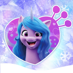 Size: 1000x1000 | Tagged: safe, izzy moonbow, pony, unicorn, g5, my little pony: a new generation, official, cute, female, heart, horn, mare, open mouth, profile picture, smiling, snow, snowflake, solo, weibo, winter