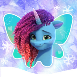 Size: 1000x1000 | Tagged: safe, misty brightdawn, butterfly, pony, unicorn, g5, my little pony: make your mark, official, cute, female, freckles, horn, looking at you, mare, profile picture, rebirth misty, smiling, snow, snowflake, solo, weibo, winter