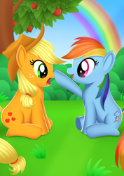 Size: 2480x3508 | Tagged: safe, artist:leonkay, applejack, rainbow dash, pony, g4, apple, boop, food, tree