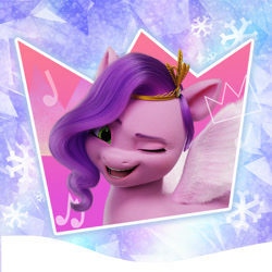 Size: 1000x1000 | Tagged: safe, pipp petals, pegasus, pony, g5, my little pony: a new generation, official, diadem, female, jewelry, looking at you, mare, one eye closed, profile picture, regalia, royalty, smiling, snow, snowflake, solo, spread wings, weibo, wings, wink, winter