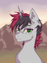 Size: 3024x4032 | Tagged: safe, artist:hysteriana, oc, oc only, oc:svetomech, pony, unicorn, background, chest fluff, dawn, digital art, ear fluff, eyebrows, field, gift art, glasses, gray coat, green eyes, horn, kazakhstan, male, mountain, nature, phone drawing, red hair, sky, solo, stallion, sunset