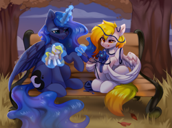 Size: 2217x1662 | Tagged: safe, artist:alphadesu, princess luna, oc, oc:starfyre, alicorn, pony, g4, :p, autumn, bench, canon x oc, cute, doll, duo, duo female, female, glowing, glowing horn, grass, high res, horn, knitting, knitting needles, leaves, lesbian, levitation, magic, magic aura, mare, outdoors, shipping, sitting, spread wings, telekinesis, tongue out, toy, tree, wing hands, wings