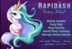 Size: 900x607 | Tagged: safe, artist:rapidash riding school, princess celestia, alicorn, galarian rapidash, rapidash, g4, billboard, female, mare, pokémon, text