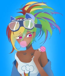 Size: 1280x1480 | Tagged: safe, artist:pulse, kotobukiya, rainbow dash, human, g4, blowing bubblegum, bubblegum, candy, female, food, goggles, humanized, kotobukiya rainbow dash, lollipop, magenta eyes, multicolored hair, pony ears, rainbow hair, shoulders, simple background, solo, solo female, tanned