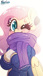 Size: 1500x2667 | Tagged: safe, artist:fluffyxai, fluttershy, g4, clothes, looking at you, one eye closed, scarf, smiling, snow, snowball, solo, sweater, wink