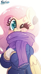 Size: 1500x2667 | Tagged: safe, artist:fluffyxai, fluttershy, pegasus, pony, g4, blush lines, blushing, clothes, coat, cute, earmuffs, hoof heart, looking at you, one eye closed, open mouth, open smile, scarf, shyabetes, smiling, snow, snowball, solo, sweater, underhoof, wink, winter coat