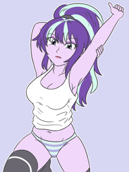 Size: 1762x2343 | Tagged: safe, artist:sumin6301, starlight glimmer, human, equestria girls, g4, adult, alternate hairstyle, arm behind head, armpits, belly, belly button, big breasts, breasts, busty starlight glimmer, cleavage, clothes, eyebrows, eyebrows visible through hair, eyelashes visible through hair, eyeshadow, female, hair tie, high res, lips, long hair, looking at you, makeup, outline, panties, ponytail, purple background, purple skin, raised arm, shirt, simple background, sleeveless, sleeveless shirt, solo, striped panties, striped underwear, tank top, two toned hair, underwear, wavy hair, white outline, woman, young adult