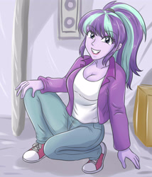 Size: 3000x3500 | Tagged: safe, artist:sumin6301, starlight glimmer, human, equestria girls, g4, 2d, bangs, breasts, cleavage, clothes, converse, denim, eyebrows, eyebrows visible through hair, eyeshadow, female, high res, indoors, jeans, long sleeves, looking at you, makeup, pants, ponytail, shirt, shoes, smiling, smiling at you, solo, vest