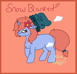 Size: 940x906 | Tagged: safe, artist:arsonrabbit, oc, oc only, oc:snow blanket, pony, unicorn, g4, abstract background, beanie, blue coat, brown eyes, digital art, female, flower, flower in hair, hat, horn, looking back, mare, orange hair, orange mane, orange tail, passepartout, raised hoof, signature, solo, tail, tied tail, unicorn oc